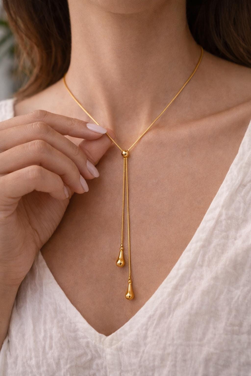 18K Gold Plated Droplet Necklace – Minimalist Y-Shaped Tassel Pendant, Adjustable Stainless Steel Jewelry